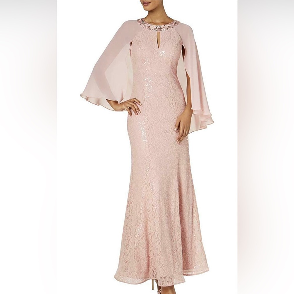 Formal Blush Pink Dress “SLYN” Sequins Rhinestone Lace Cape Gown Size 12